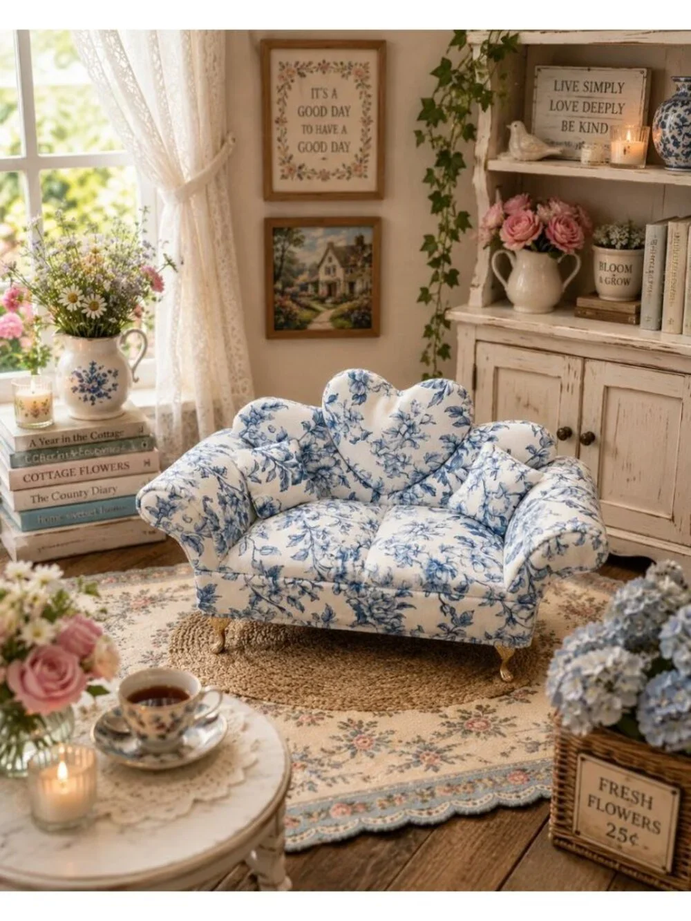New Blue & White Floral Doll Sofa Jewelry Box Organizer Couch Jewelry Box